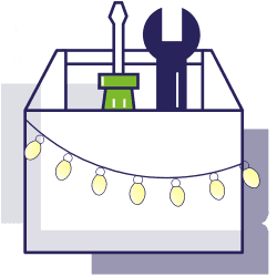 A box with a screwdriver, wrench, and string lights hanging across the front.