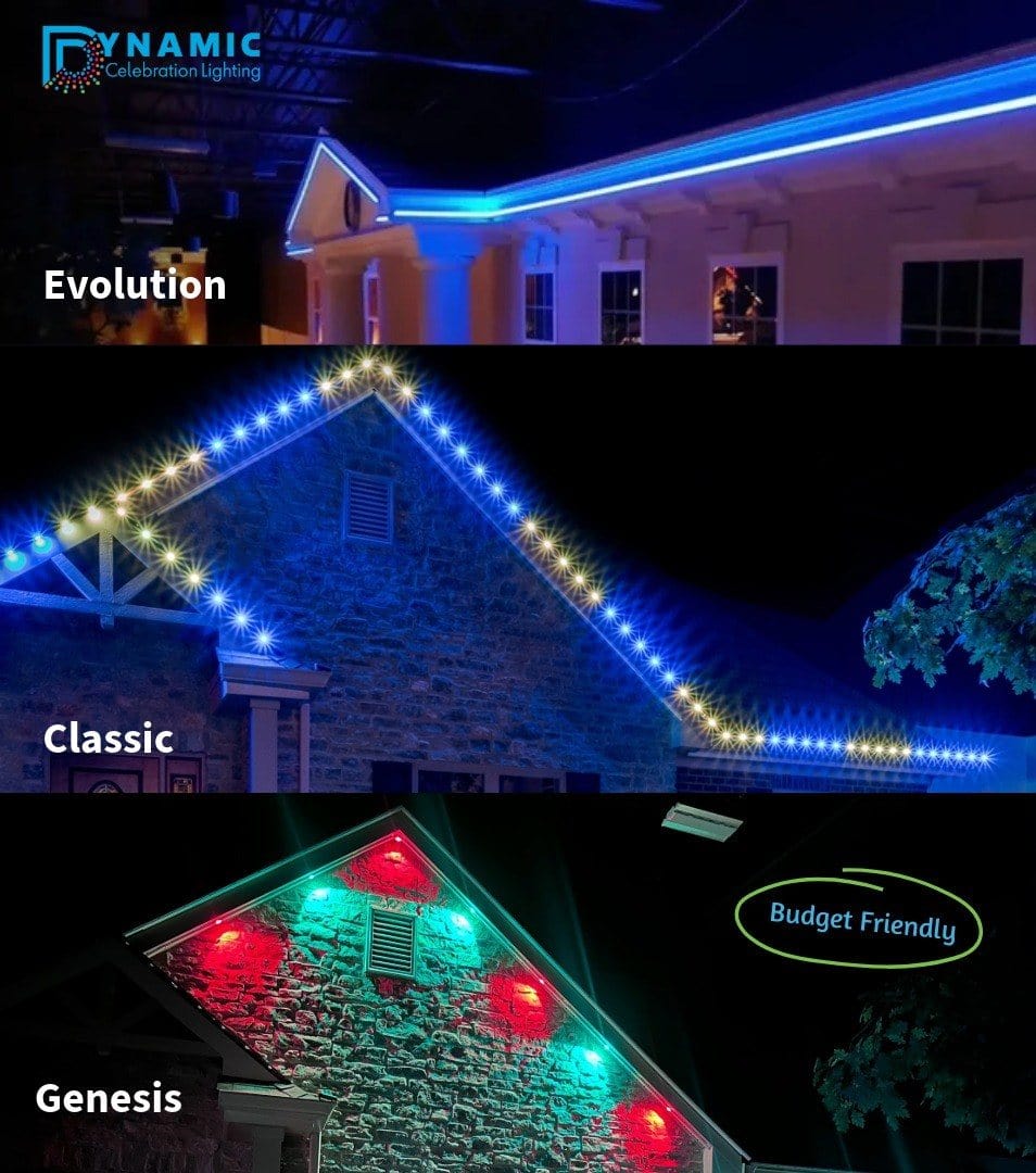 Three houses with different styles of colorful roof lighting: blue, multicolor, and green-red labeled Budget Friendly..