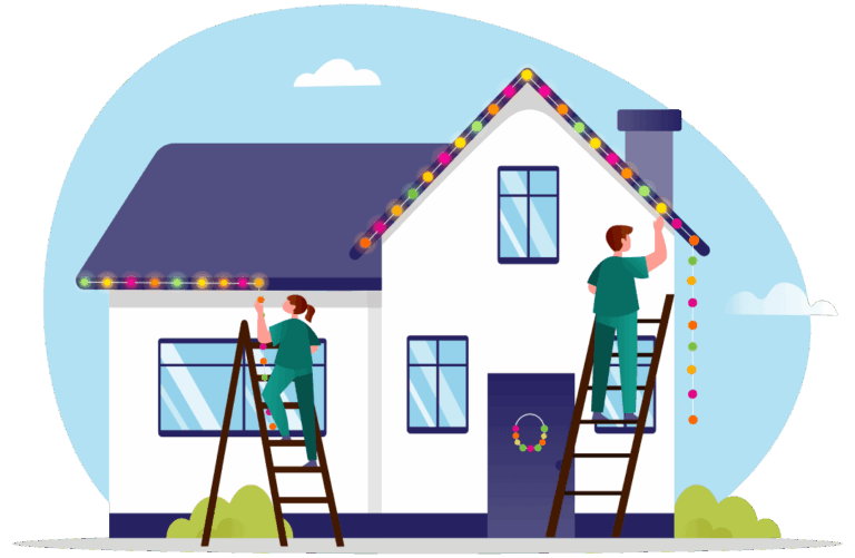Two people on ladders hang colorful holiday lights and a wreath on a white house with blue trim.