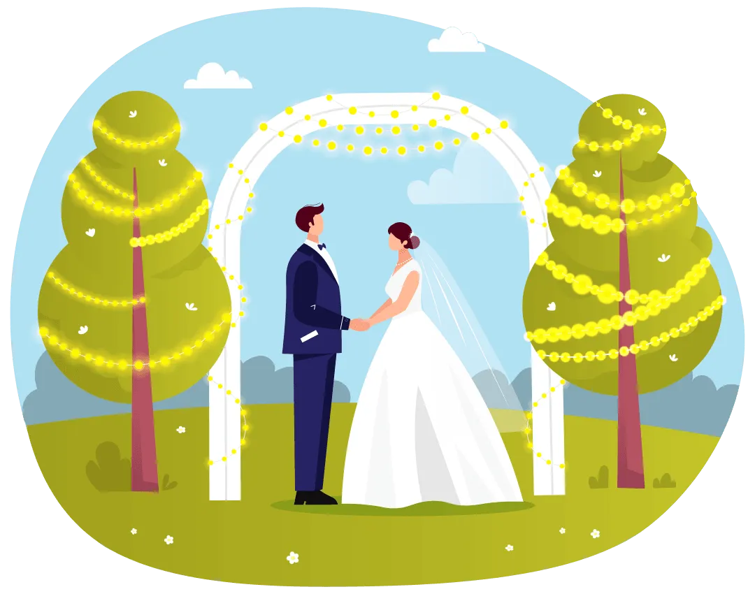 Bride and groom hold hands under a decorated arch outdoors, surrounded by trees wrapped in string lights.
