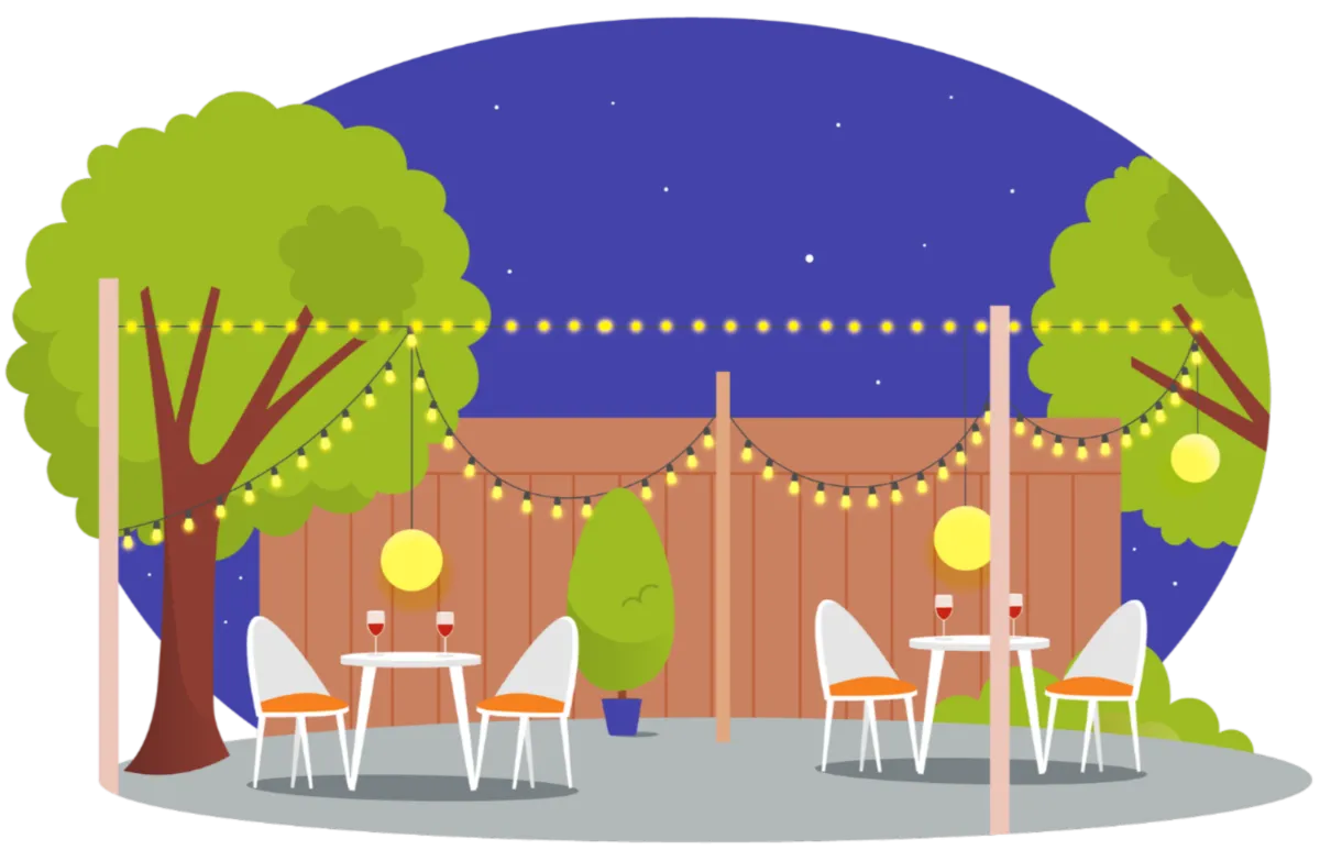 Illustration of a patio with café-style string lights over a dining table