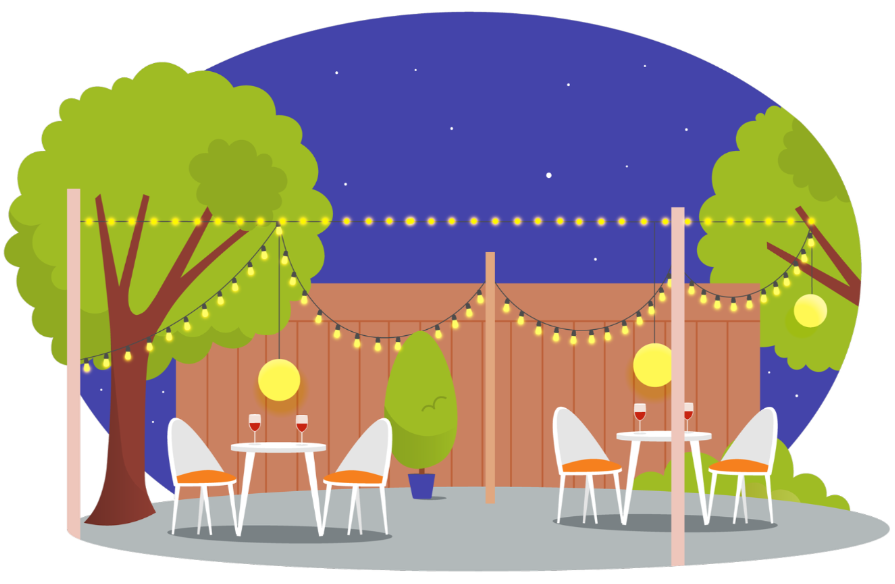 Patio at night with string lights, trees, tables, chairs, and wine glasses under a starry sky.